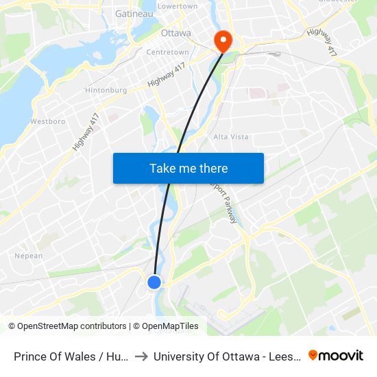 Prince Of Wales / Hunt Club to University Of Ottawa - Lees Campus map