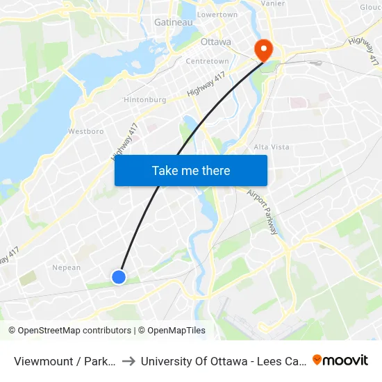 Viewmount / Parkside to University Of Ottawa - Lees Campus map
