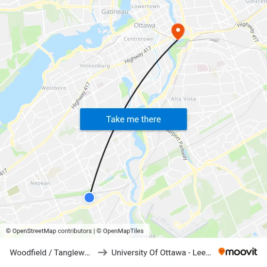 Woodfield / Tanglewood Park to University Of Ottawa - Lees Campus map