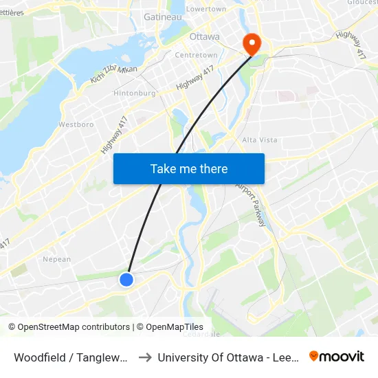 Woodfield / Tanglewood Park to University Of Ottawa - Lees Campus map
