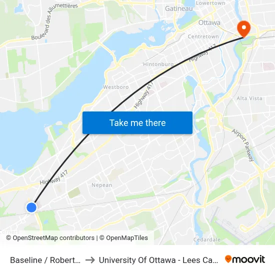 Baseline / Robertson to University Of Ottawa - Lees Campus map