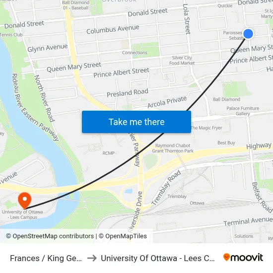 Frances / King George to University Of Ottawa - Lees Campus map