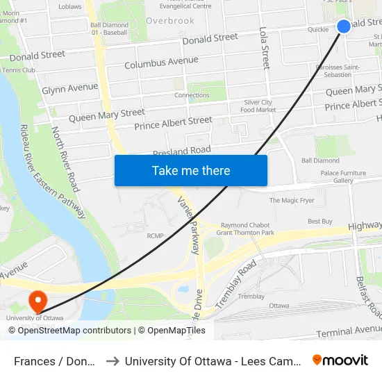 Frances / Donald to University Of Ottawa - Lees Campus map