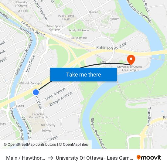 Main / Hawthorne to University Of Ottawa - Lees Campus map