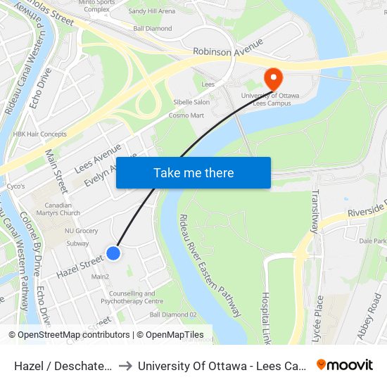 Hazel / Deschatelets to University Of Ottawa - Lees Campus map