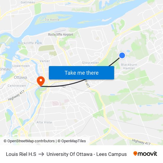 Louis Riel H.S to University Of Ottawa - Lees Campus map