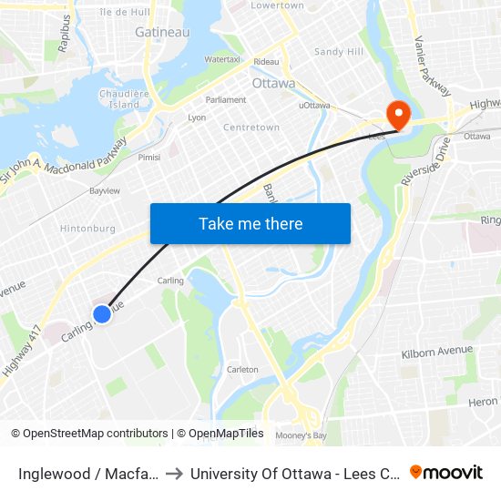 Inglewood / Macfarlane to University Of Ottawa - Lees Campus map