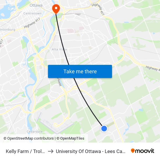 Kelly Farm / Trollius to University Of Ottawa - Lees Campus map