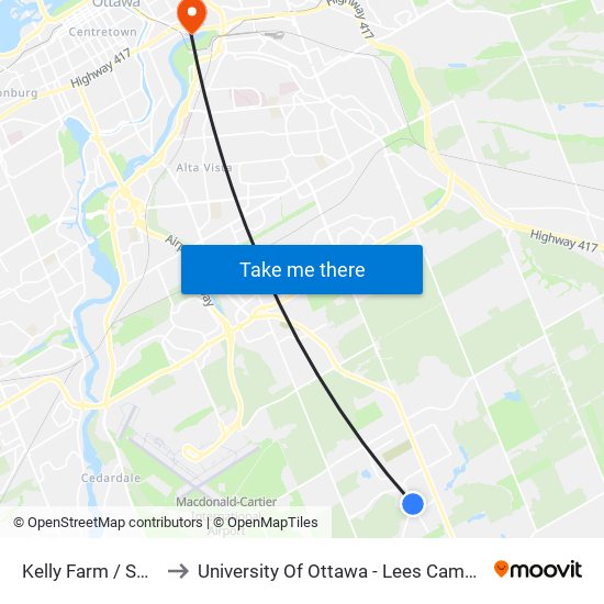 Kelly Farm / Sora to University Of Ottawa - Lees Campus map