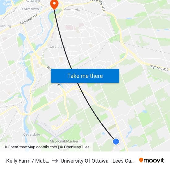 Kelly Farm / Maberly to University Of Ottawa - Lees Campus map