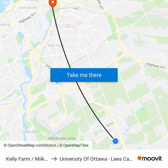 Kelly Farm / Miikana to University Of Ottawa - Lees Campus map