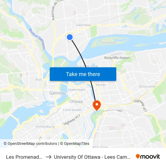 Les Promenades to University Of Ottawa - Lees Campus map