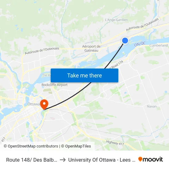 Route 148/ Des Balbuzards to University Of Ottawa - Lees Campus map