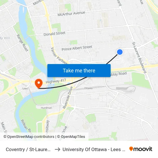 Coventry / St-Laurent Mall to University Of Ottawa - Lees Campus map