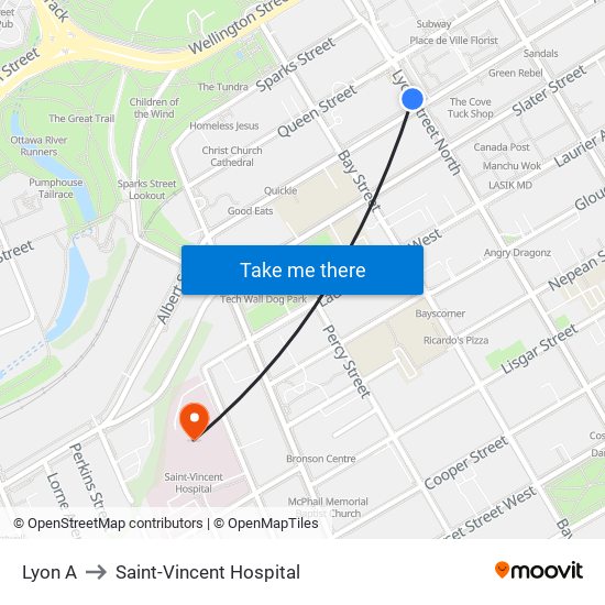 Lyon A to Saint-Vincent Hospital map