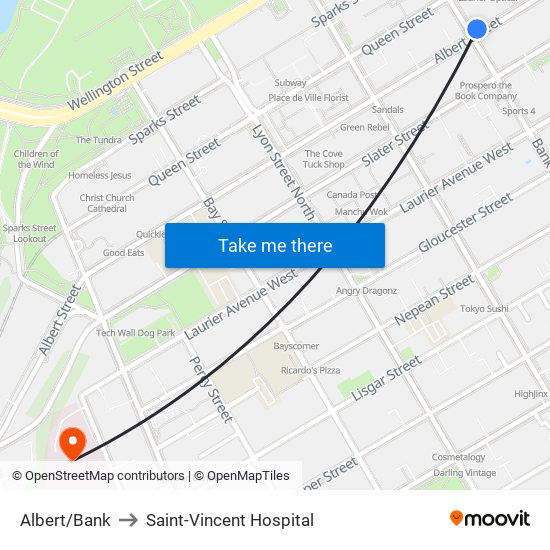 Albert/Bank to Saint-Vincent Hospital map