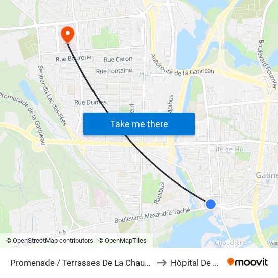Promenade / Terrasses De La Chaudière to Hôpital De Hull map
