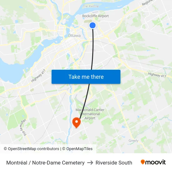 Montréal / Notre-Dame Cemetery to Riverside South map
