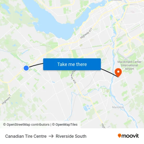 Canadian Tire Centre to Riverside South map