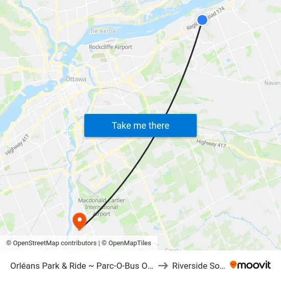 Orléans Park & Ride ~ Parc-O-Bus Orléans to Riverside South map