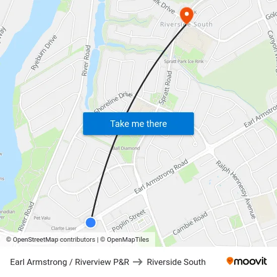 Earl Armstrong / Riverview P&R to Riverside South map