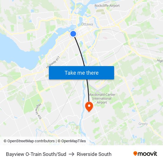 Bayview O-Train South/Sud to Riverside South map