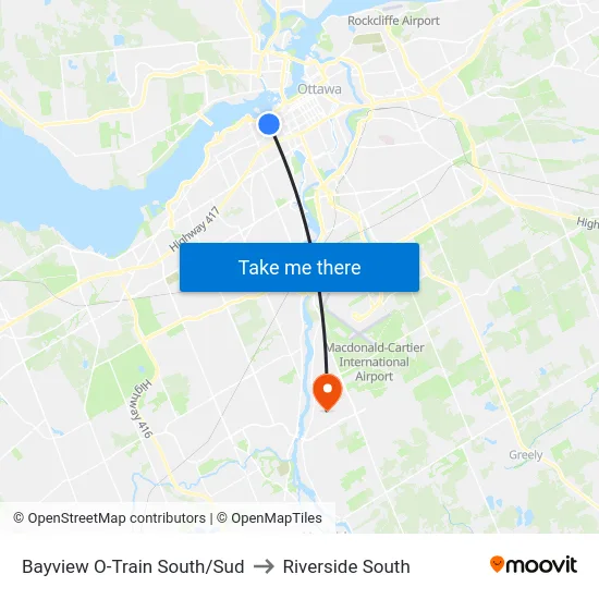 Bayview O-Train South/Sud to Riverside South map