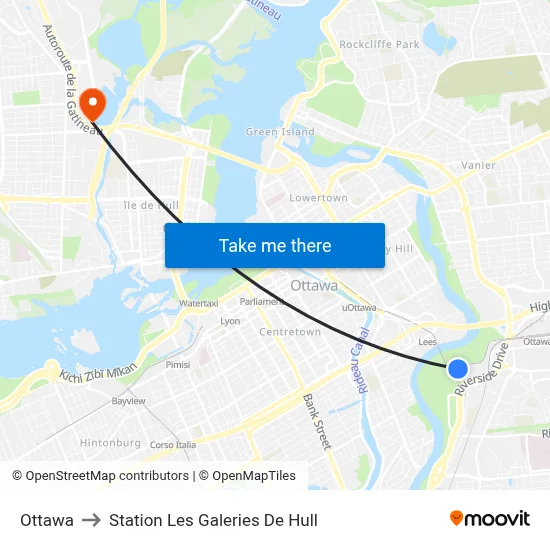 Ottawa to Station Les Galeries De Hull map
