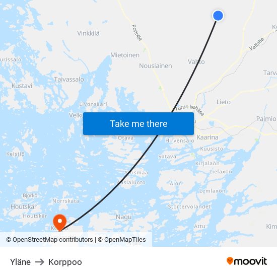 Yläne to Korppoo map