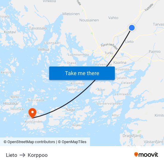 Lieto to Korppoo map