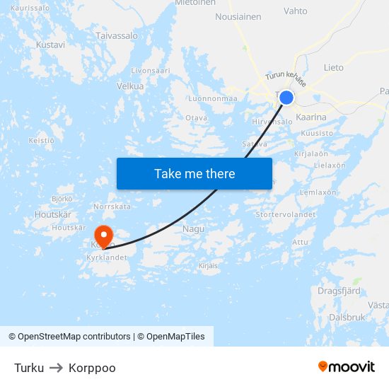 Turku to Korppoo map