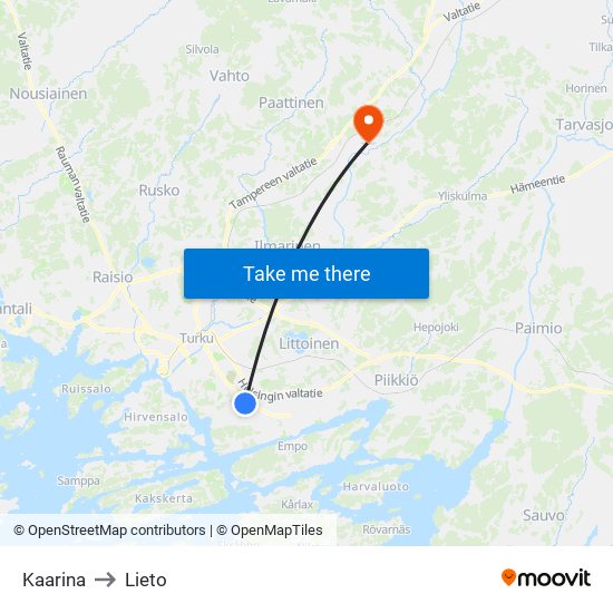 Kaarina to Lieto map