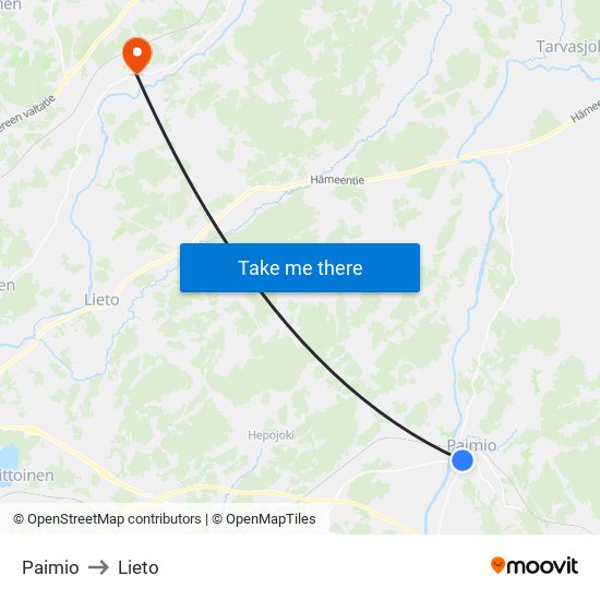 Paimio to Lieto map