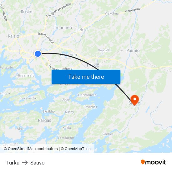 Turku to Sauvo map