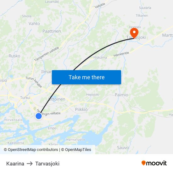 Kaarina to Tarvasjoki map
