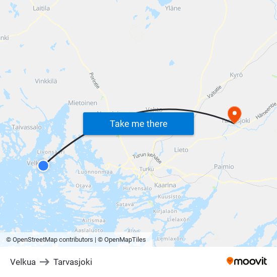 Velkua to Tarvasjoki map