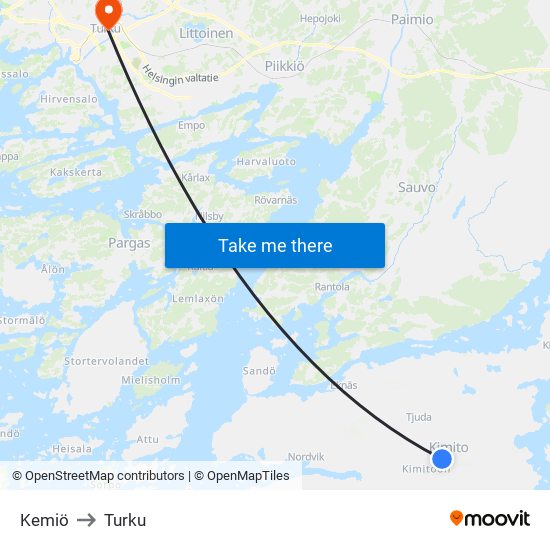 Kemiö to Turku map