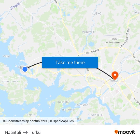 Naantali to Turku map