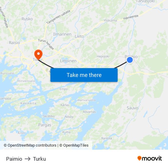 Paimio to Turku map