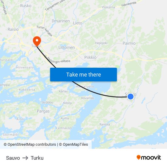 Sauvo to Turku map