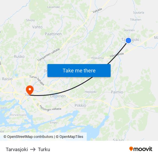 Tarvasjoki to Turku map