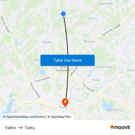 Vahto to Turku map