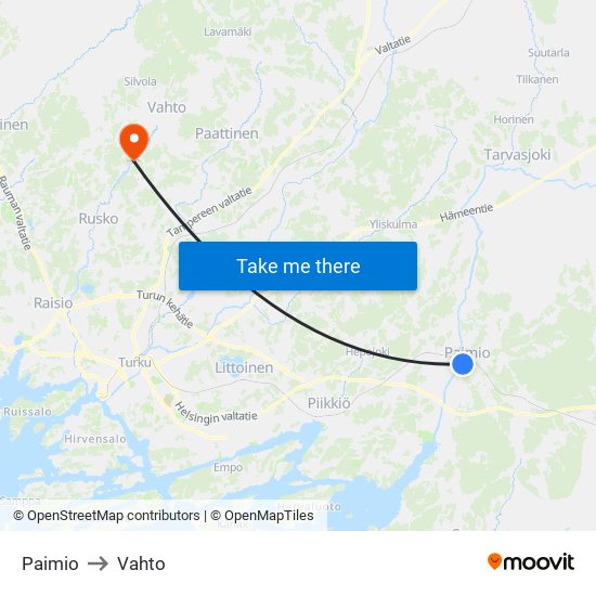 Paimio to Vahto map