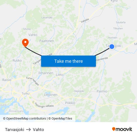 Tarvasjoki to Vahto map