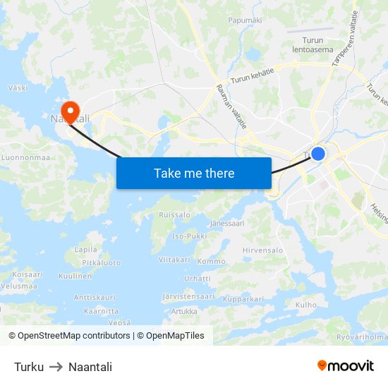 Turku to Naantali map