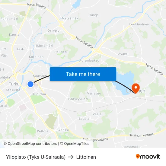Yliopisto (Tyks U-Sairaala) to Littoinen map