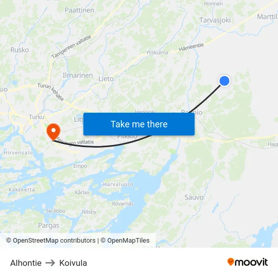 Alhontie to Koivula map