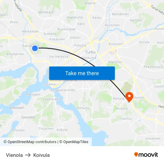 Vienola to Koivula map