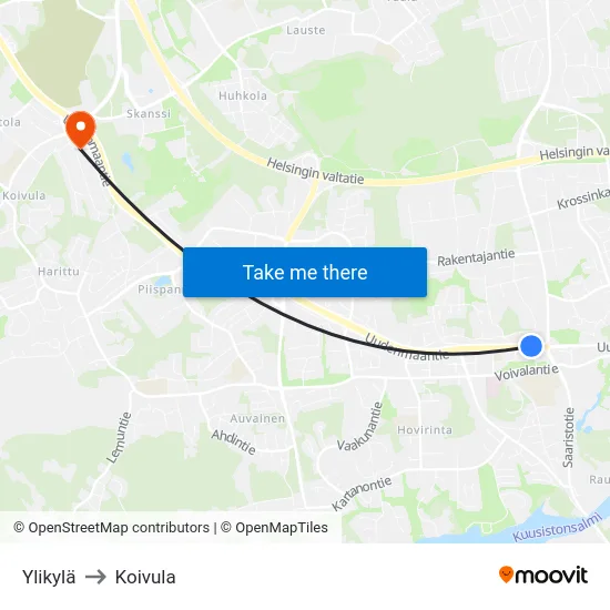 Ylikylä to Koivula map