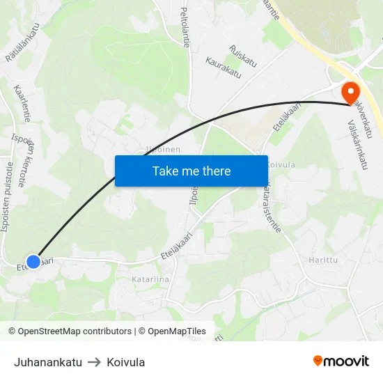 Juhanankatu to Koivula map